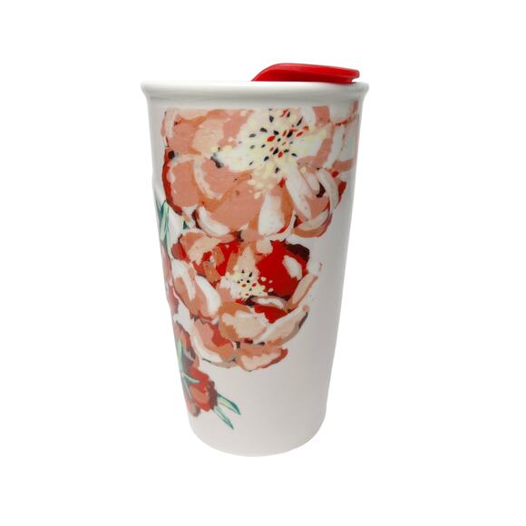 STARBUCKS Floral Print Travel Tumbler Mug Ceramic White With Red Lid 10oz/296 ml - Picture 2 of 7